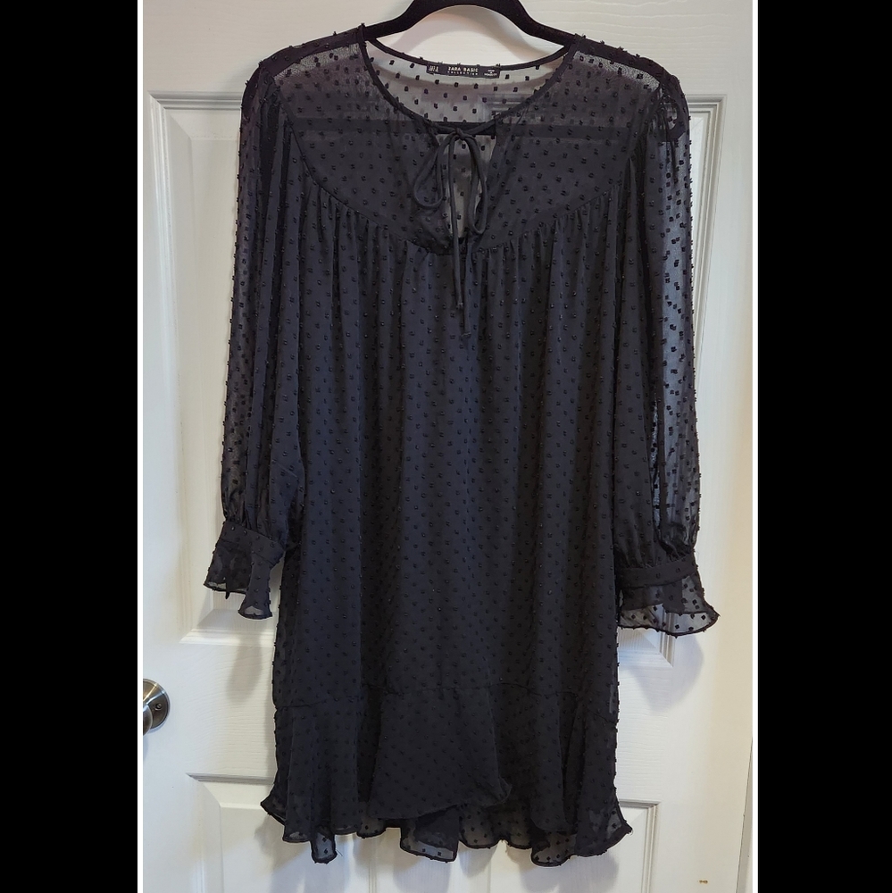 Zara basics black embroidered swiss dot long sleeve dress women's size s…